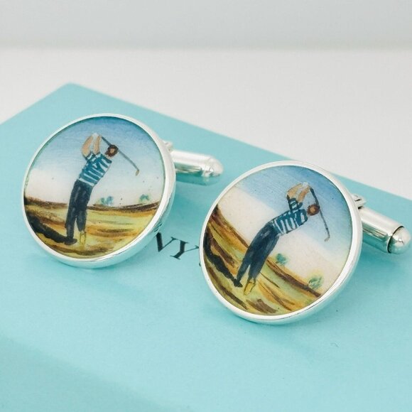 Tiffany Golf Hand Painted Enamel Cufflinks Vintage in Sterling Silver - Picture 3 of 7